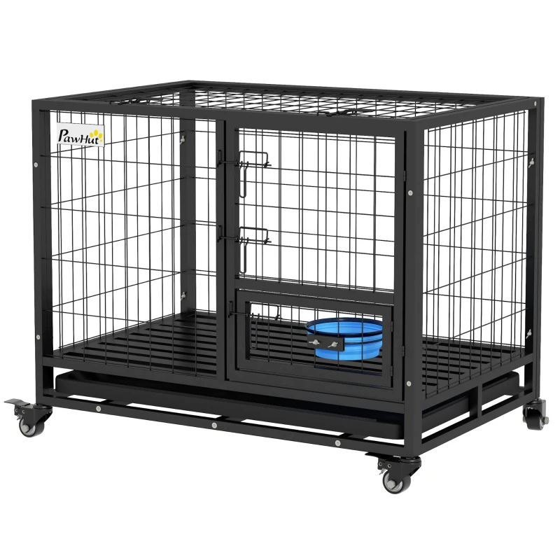 PawHut Gaiola para Cães com Parte Superior Rebatível Suporte de Tigelas Bandeja Amovível Rodas e Porta Dupla 92x62x73 cm Preto