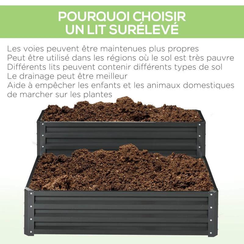 Outsunny Carré potager de jardin fond ouvert 2 étages pour herbes légumes fruits fleurs 120 x 101 x 58 cm gris foncé