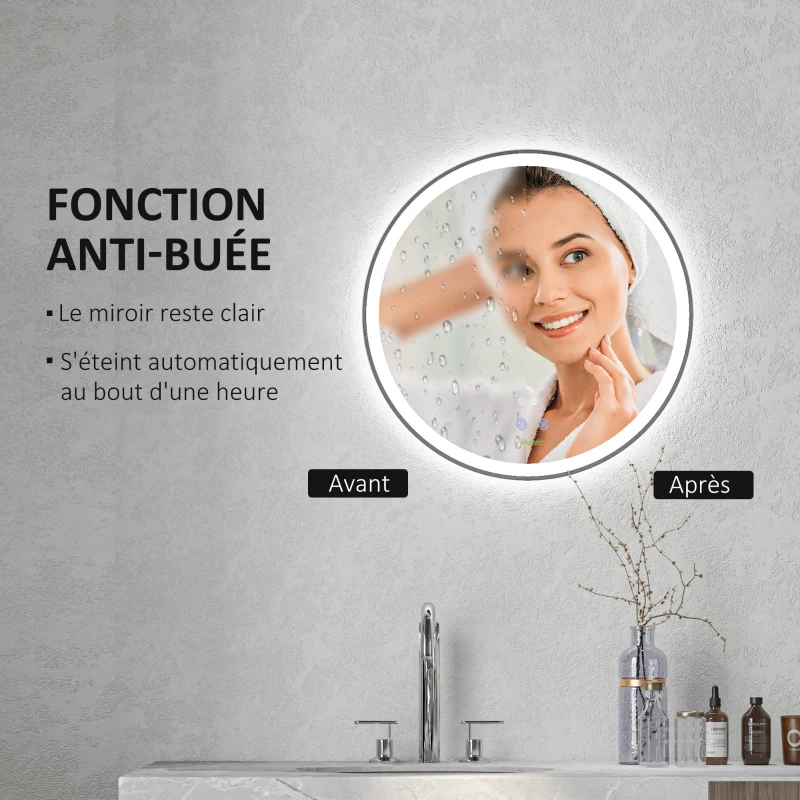 kleankin Miroir rond lumineux LED de salle de bain Ø 60 cm mural avec éclairage 3 couleurs interrupteur tactile 29W blanc argent