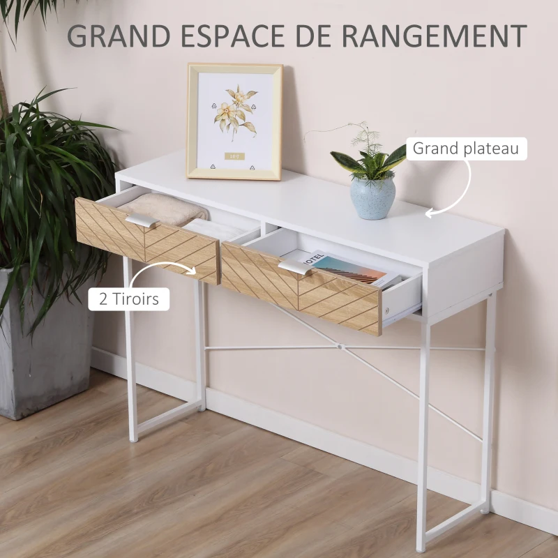 HOMCOM Table Console Industriel 2 tiroirs Aspect Bois de chêne sculpté Motif à Chevrons piètement métal Blanc