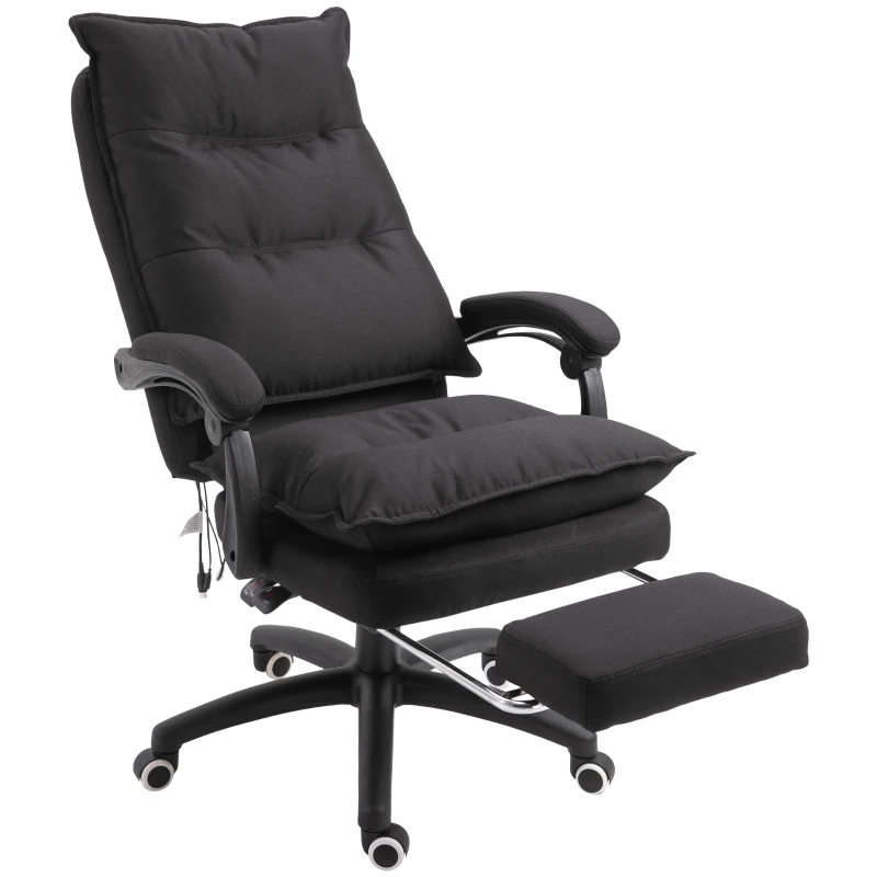 Vinsetto Fauteuil de bureau massant, chaise de bureau, chaise ergonomique avec hauteur réglable, dossier inclinable, repose-pied intégré et télécommande filaire, pivotant à 360°, toile de lin noir