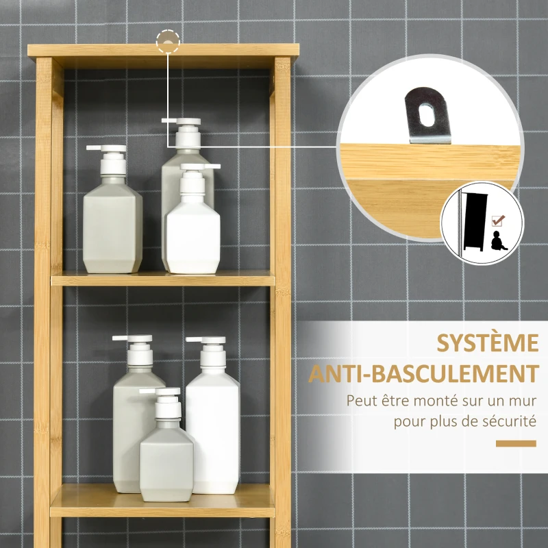 kleankin Meuble colonne de salle de bain avec 3 étagères et placard porte persienne en bambou