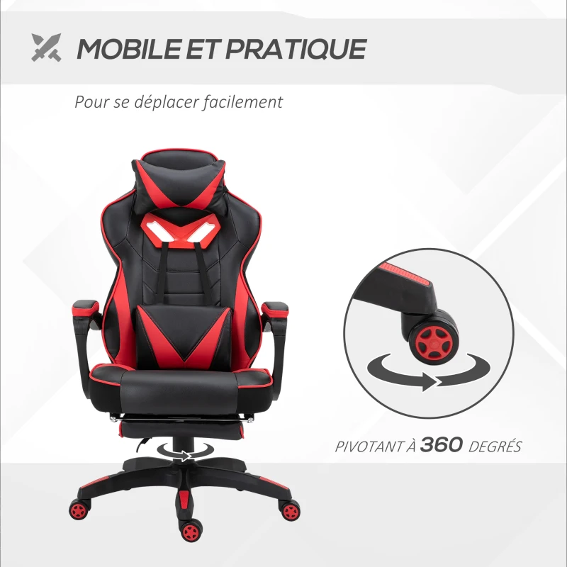 Vinsetto Chaise gaming Ergonomique, Fauteuil de Bureau confortable avec Repose-Pied, Appuie-Tête et coussin lombaire, Hauteur Réglable, noir et rouge