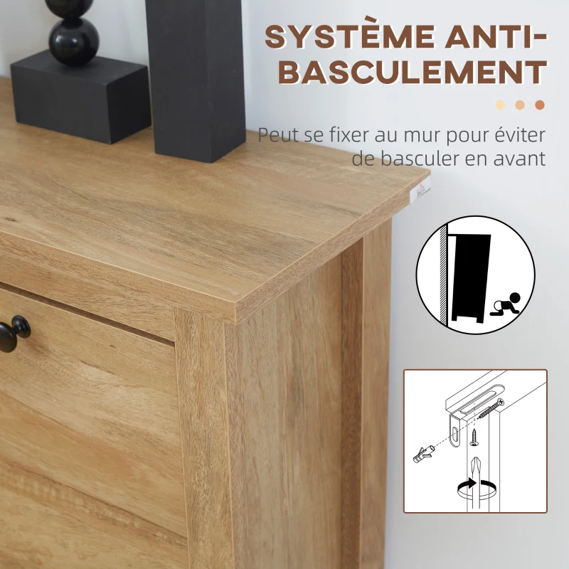 HOMCOM Meuble à chaussures étagère à chaussures armoire 3 portes abattants effet cannage rotin - en bois bois naturel