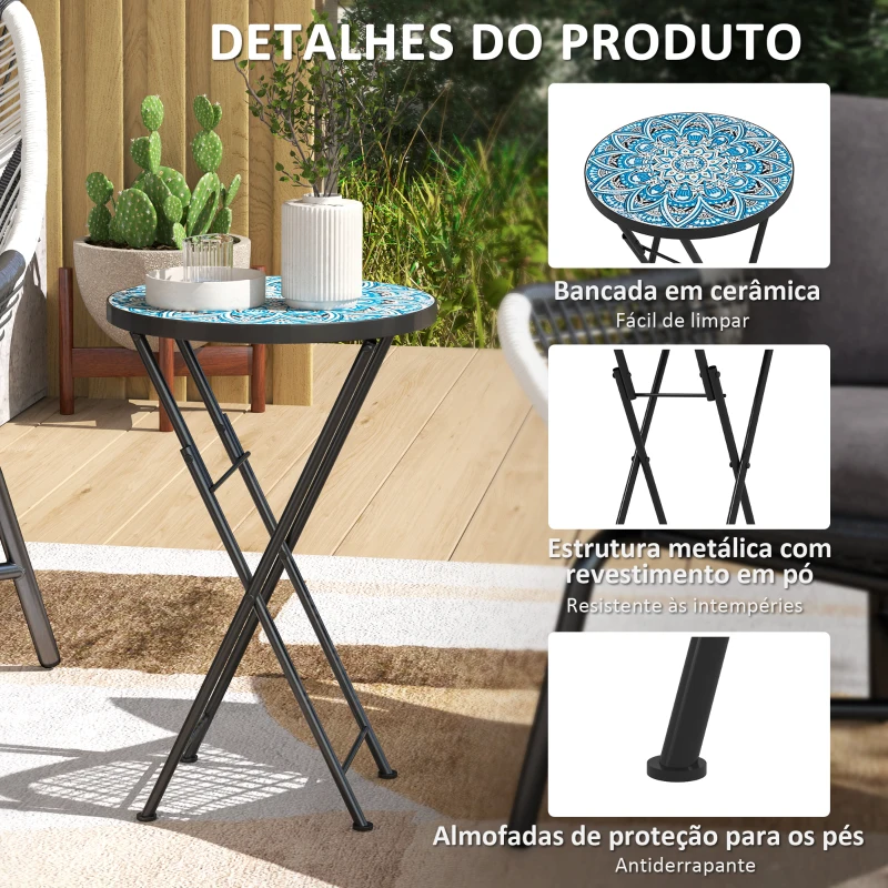 Outsunny Mesa Auxiliar Redonda Mesa de Jardim Dobrável com Bancada em Mosaico e Pés com Almofadas Antiderrapantes Ø35,5x55 cm Azul