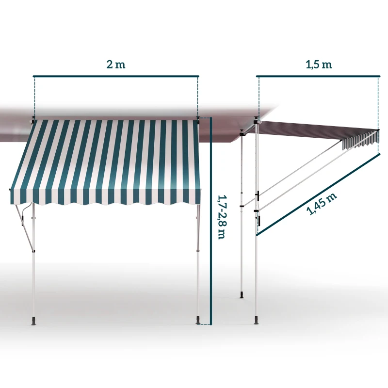 Outsunny Toldo Manual Retráctil 200x150x170-280 cm para Balcón y Terraza con Altura Ajustable con Manivela Rayas Verde y Blanco