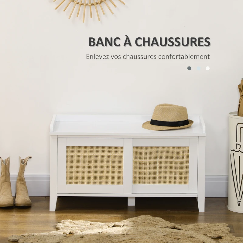 HOMCOM Banc à chaussures meuble de rangement avec porte coulissante et façades rotin tissé 80 x 35 x 45 cm blanc