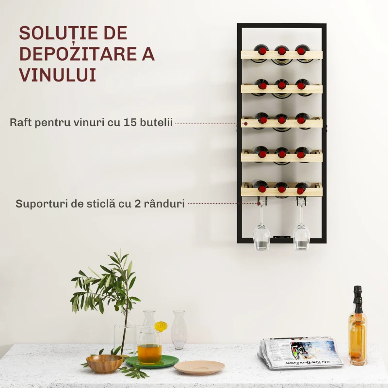 HOMCOM Raft de Perete pentru Sticle din Lemn și Oțel, Suport pentru 15 Sticle de Vin și 4 pahare, 35x25x86 cm, Natural