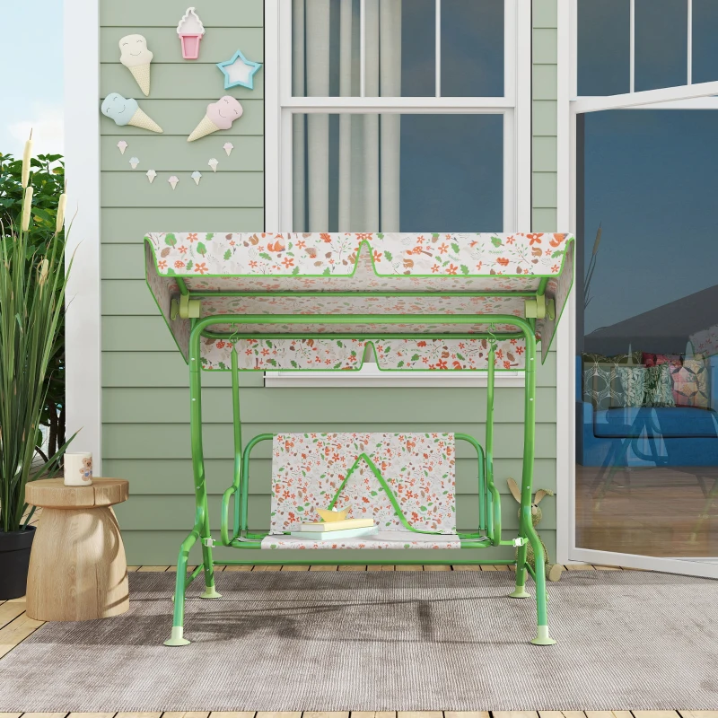 AIYAPLAY Baloiço de Jardim para Crianças com 2 Lugares Toldo Ajustável Cinto de Segurança e Desenho de Borboletas 112x75x120 cm Verde