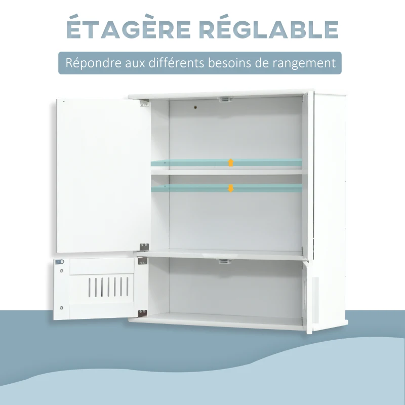 kleankin Armoire Murale de Salle de Bain avec Miroir - Armoire à Glace - Placard de Rangement Toilettes - 4 Portes, étagère - Verre MDF Blanc