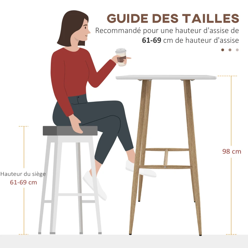 HOMCOM Table de bar rectangulaire 4 personne pieds en acier effet bois assemblage facile 120 x 60 x 98 cm blanc