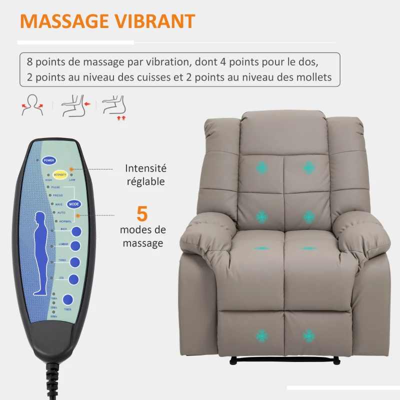 HOMCOM Fauteuil de massage fauteuil de relaxation massant avec dossier inclinable manuellement et repose-pied fauteuil TV revêtement synthétique télécommande incluse gris