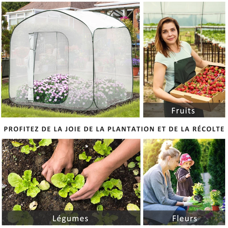 Outsunny Serre de jardin PE, pop-up, serre de balcon, bâche renforcée 140 g/m², châssis en acier, porte zippée enroulable, pour légumes plantes fleurs, intérieur et extérieur, 208x208x195cm, blanc