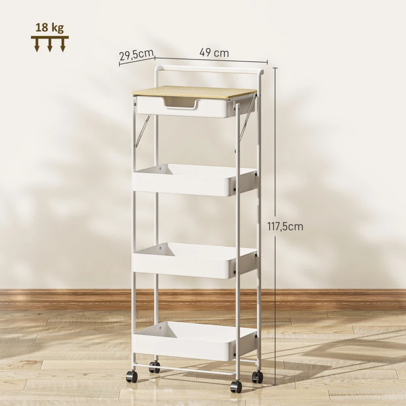 HOMCOM Carrinho Auxiliar com Rodas de 4 Níveis Carrinho de Cozinha com 1 Gaveta e 3 Cestos Carrinho Organizador 45x29,5x117,5 cm Branco
