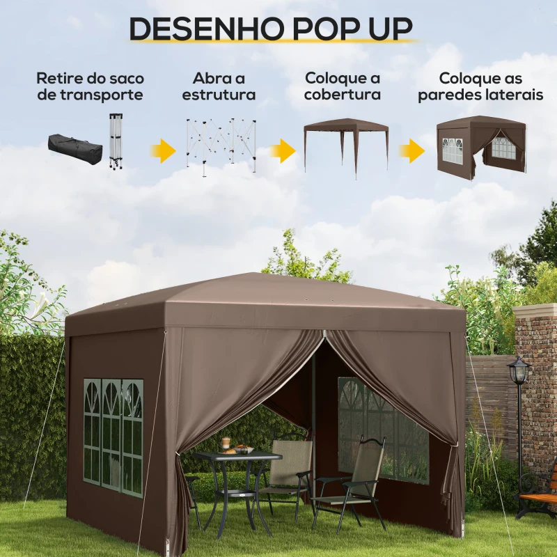 Outsunny Tenda de Jardim com Paredes Laterais Amovíveis Janelas Porta com Fecho de Correr e Bolsa de Transporte 295x295x196-258 cm Café