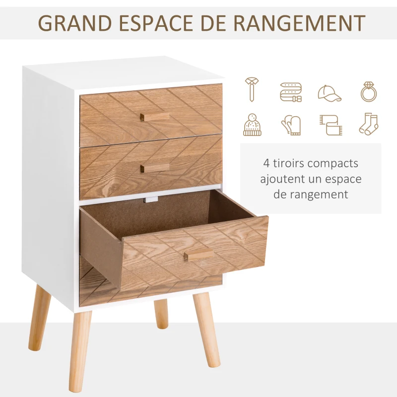 HOMCOM Table de chevet Chiffonnier Commode Meuble de Rangement avec 4 tiroirs Scandinave 40L x 30l x 75H cm en Bois