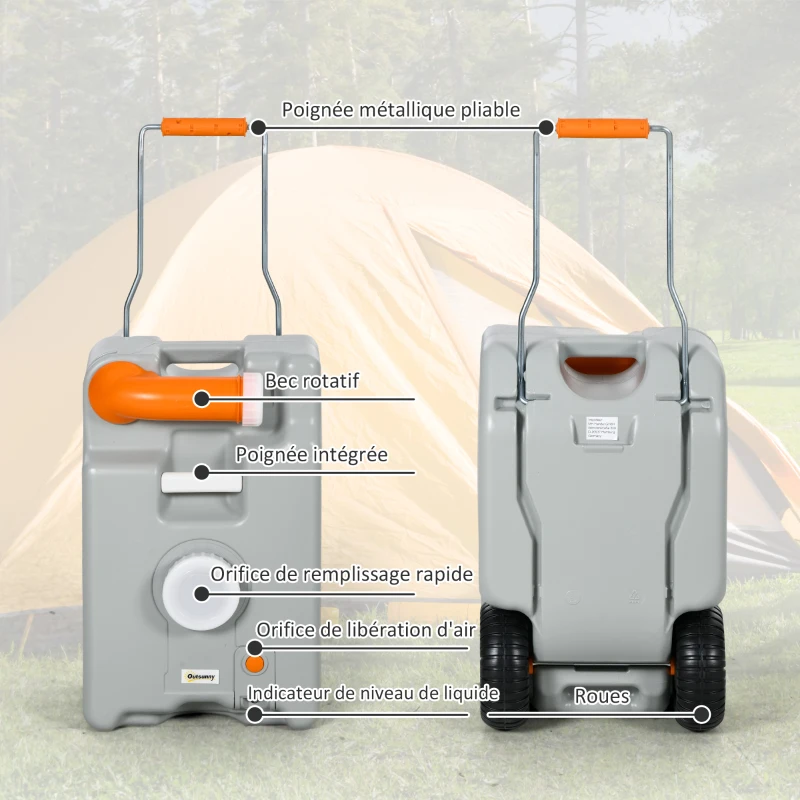 Outsunny Réservoir d'eau sur roues pour camping bidon d'eau 22 L avec bec de vidange rotatif poignée pliable 33 x 26 x 53 cm gris