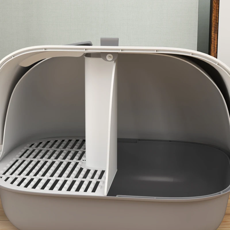 PawHut Bac à litière pour chat maison de toilette chat avec porte pelle toit avant ouvrant 58 x 46 x 39 cm gris clair et blanc
