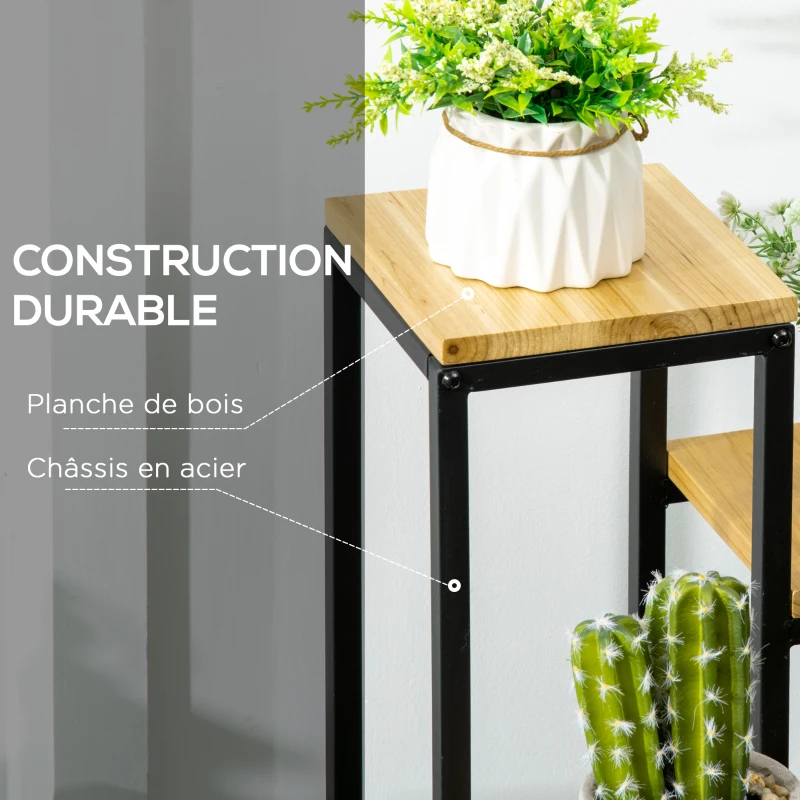 Outsunny Étagère à plantes étagère à fleurs en métal et bois 4 niveaux de différentes hauteurs style industriel 34 x 34 x 66 cm