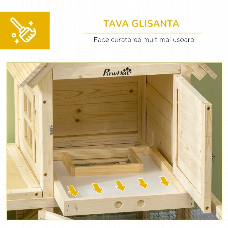 PawHut Cotet din molid cu tava detasabila, 3 usi si zona exterioara, 151,5x106x97 cm, culoare lemn(m-6)