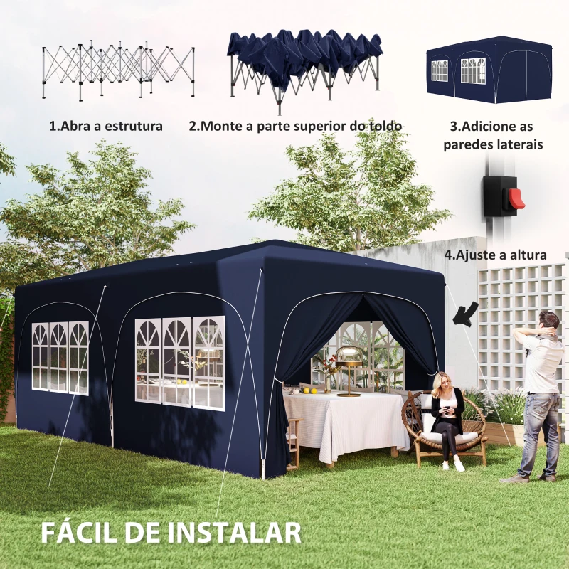Outsunny Tenda Dobrável 3x6 m com Painéis Laterais UPF50+ Tenda de Jardim com Altura Ajustável e Bolsa de Transporte Azul Escuro