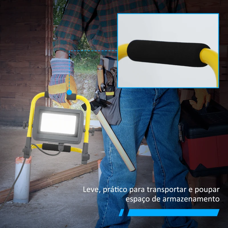 HOMCOM Preojetor LED Recarregável Ajustáve 50W 4250 Lúmenes IP65 6500K Reflector LED Portátil com Pega 25,5x16x25,5 cm Amarelo
