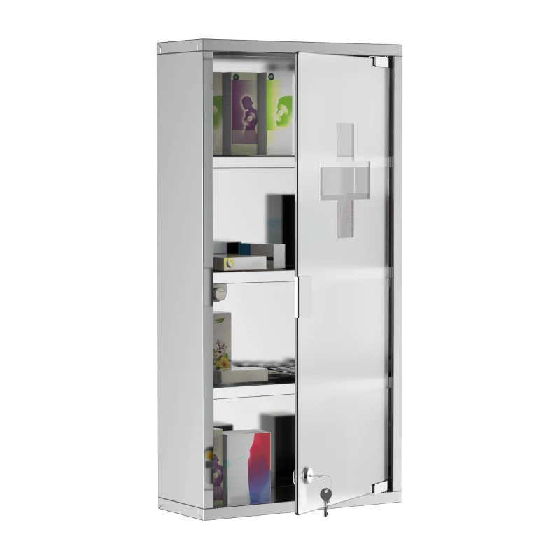 HOMCOM Armoire à Pharmacie 3 étagères 4 Niveaux 30L x 12l x 60H cm Porte Verre trempé Symbole Croix Acier Inoxydable brossé