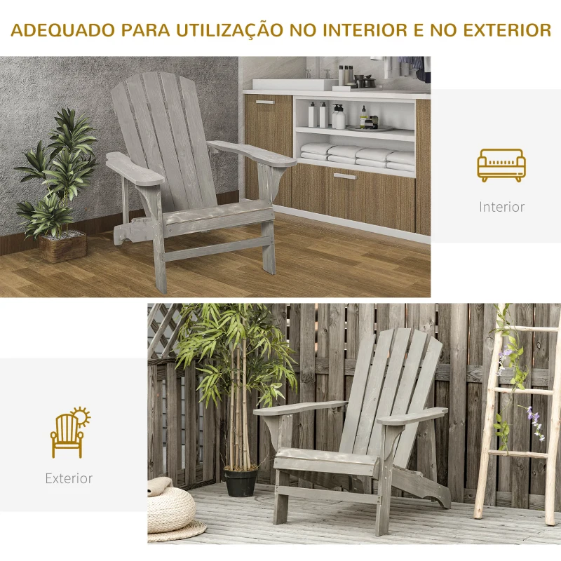 Outsunny Cadeira Adirondack de Madeira Cadeira Adirondack de Jardim com Assento Extra Largo 78x89x88 cm Cinza