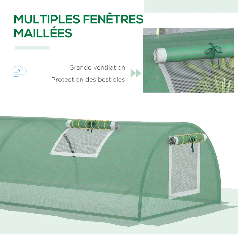 Outsunny Serre de jardin tunnel 5 fenêtres enroulables bâche PE 140 g/㎡ métal époxy 300 x 80 x 45 cm vert