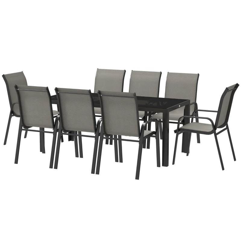 Outsunny Set da Giardino con Tavolo Rettangolare in Vetro e 8 Sedie Impilabili con Braccioli, Grigio Chiaro