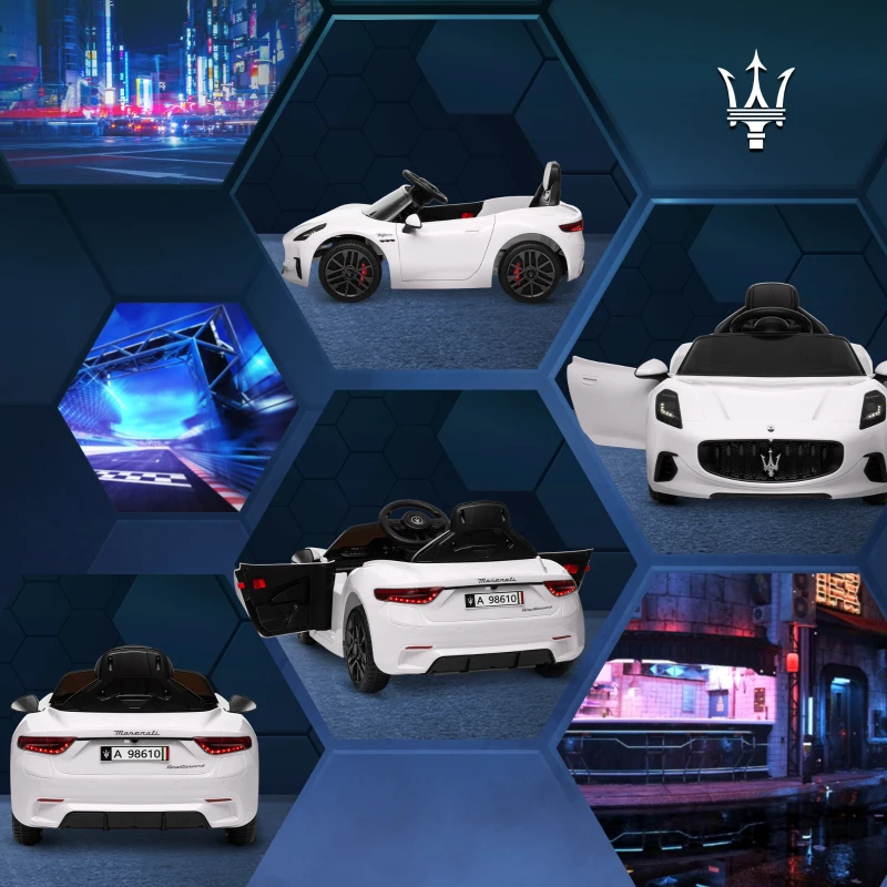 AIYAPLAY Carro Elétrico para Crianças Maserati Gran Turismo Folgore 12V Controlo Remoto Faróis Buzina e Música MP3 98x59x43 cm Branco