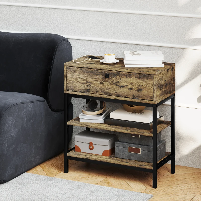HOMCOM Tavolino da Divano con Cassetto e 2 Ripiani Stile Industriale, in Legno e Metallo, 60x30x66.5 cm, Nero e Marrone