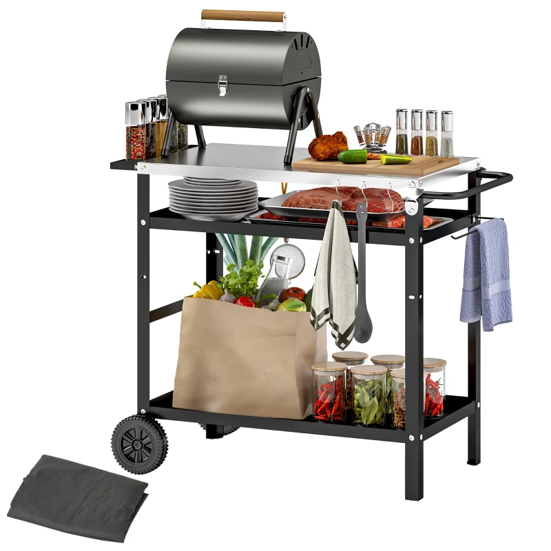 Outsunny Grillwagen 3-Etagen Serveerwagen met Werkblad, Handvatten, Hoes, Wielen, BBQ Grilltafel Roestvrij Staal 100x52x80cm Zwart
