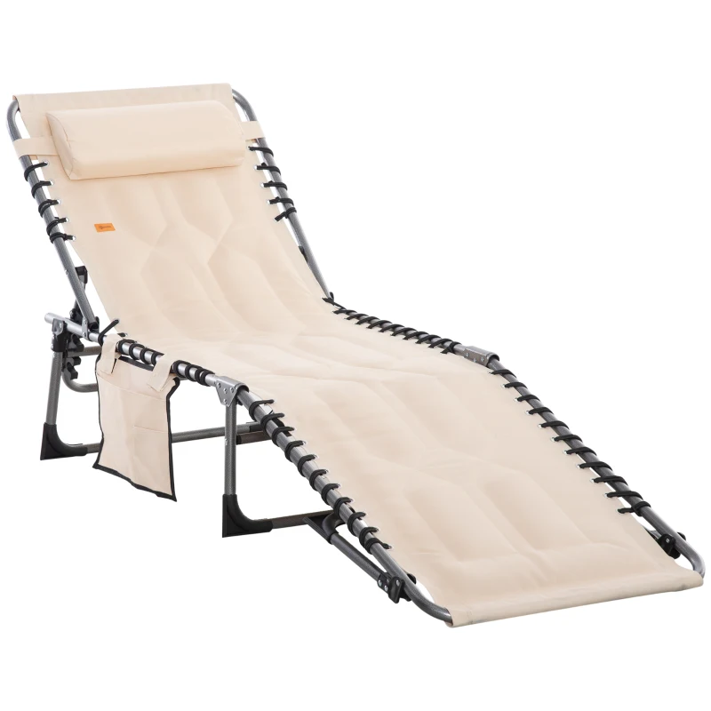 Outsunny Zonneligstoel, Opvouwbare Tuinligstoel, Klapligstoel met Kussen, 5-standen Rugleuning, Oxford-stof, 188 x 57 x 30 cm, Beige