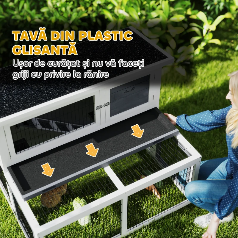 PawHut Cușcă pentru Iepuri cu 2 Nivele, Tavă Culisantă, Zonă Deschisă și Acoperiș Rabatabil, 122x95x93,5 cm, Gri