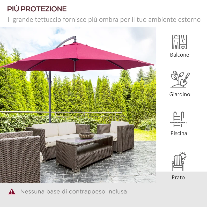 Outsunny Ombrellone da Giardino 3x2.5 m a Braccio Inclinabile con Manovella, Rosso Scuro