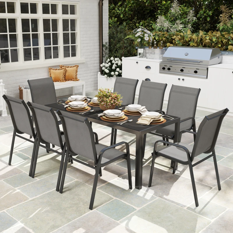 Outsunny Set da Giardino con Tavolo Rettangolare in Vetro e 8 Sedie Impilabili con Braccioli, Grigio Chiaro