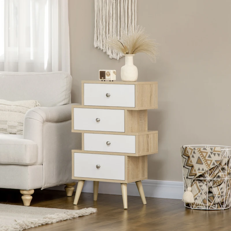 HOMCOM Meuble Commode chiffonnier Style scandinave 4 tiroirs coulissants 47 x 30 x 81 cm Coloris Blanc Bois de chêne