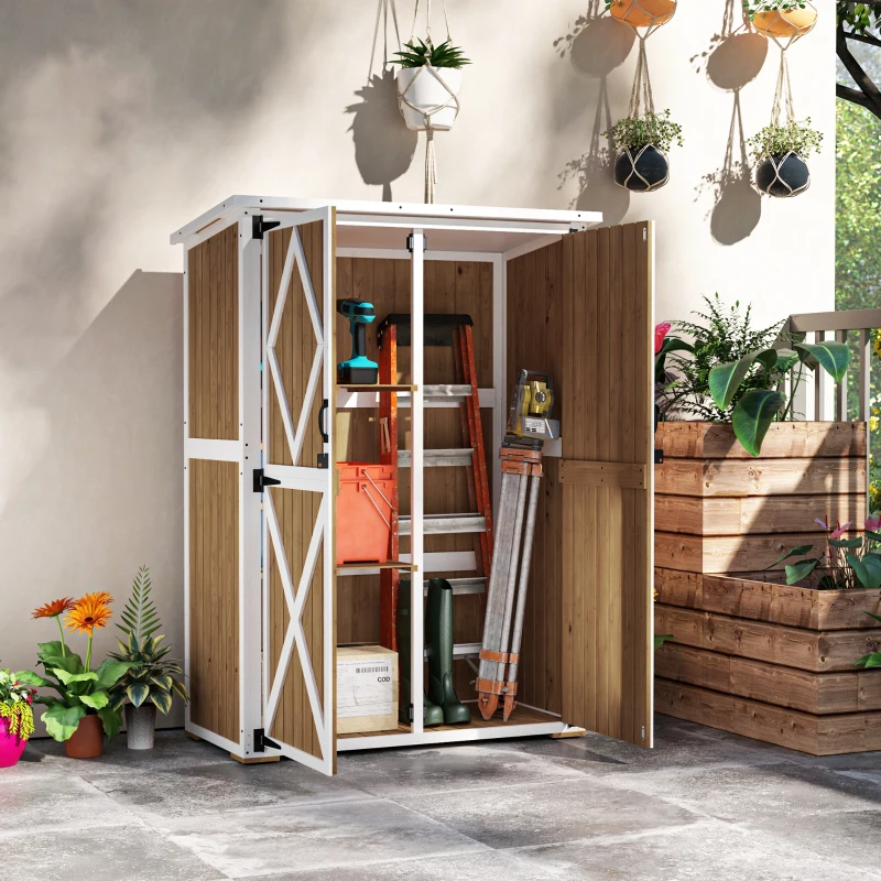 Outsunny Capanno da Giardino in Legno di Abete con 2 Ripiani e 2 Porte, 116.5x57x159/167 cm, Marrone e Bianco