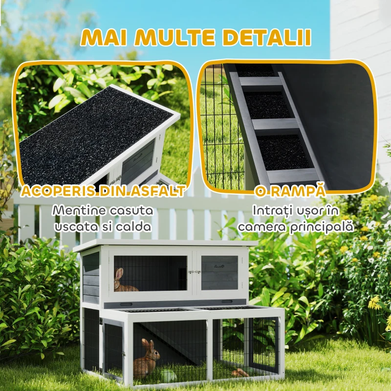 PawHut Cușcă pentru Iepuri cu 2 Nivele, Tavă Culisantă, Zonă Deschisă și Acoperiș Rabatabil, 122x95x93,5 cm, Gri