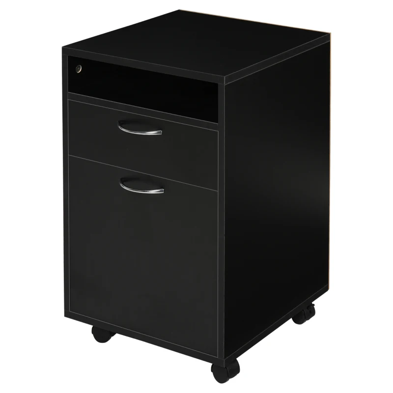 HOMCOM 60cm Filing Cabinet with Drawer, Open Shelf, Metal Handles and 4 Wheels, Office Home Organiser Mobile Printer, Black