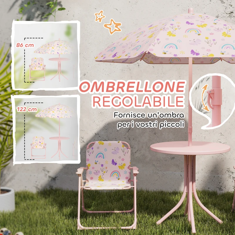 AIYAPLAY Set da Giardino per Bambini 2-5 Anni con Tavolino Rotondo, 2 Sedie Pieghevoli e un Ombrellone, Rosa