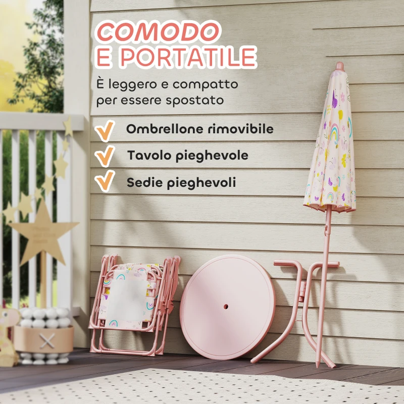 AIYAPLAY Set da Giardino per Bambini 2-5 Anni con Tavolino Rotondo, 2 Sedie Pieghevoli e un Ombrellone, Rosa
