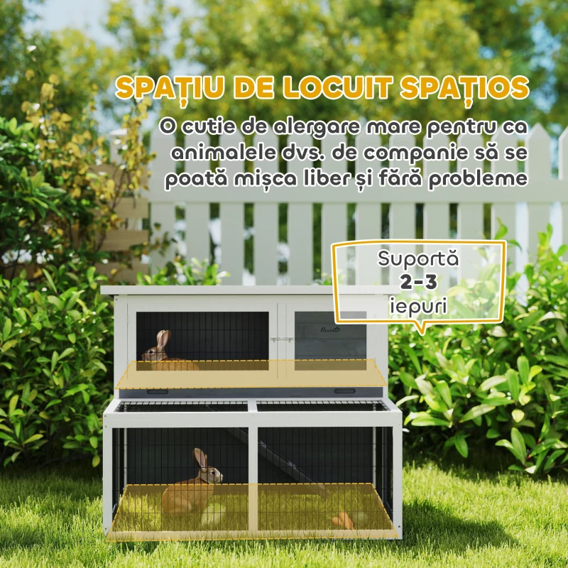 PawHut Cușcă pentru Iepuri cu 2 Nivele, Tavă Culisantă, Zonă Deschisă și Acoperiș Rabatabil, 122x95x93,5 cm, Gri