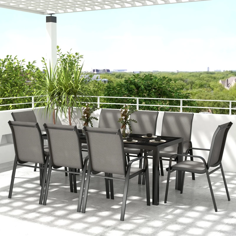 Outsunny Set da Giardino con Tavolo Rettangolare in Vetro e 8 Sedie Impilabili con Braccioli, Grigio Chiaro