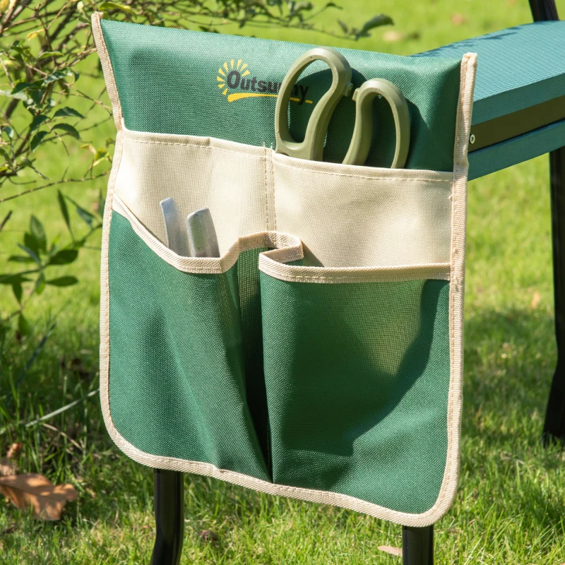 Outsunny Bancă de grădină 2 în 1 cu protecție pentru genunchi, pernuțe din spumă EVA și geantă pentru depozitare, 58x28x49 cm, Verde