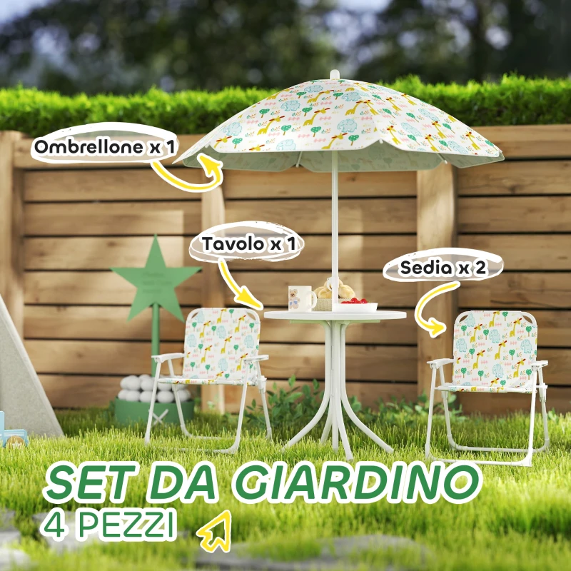 AIYAPLAY Set da Giardino per Bambini 2-5 Anni con Tavolino Rotondo, 2 Sedie Pieghevoli e un Ombrellone, Bianco