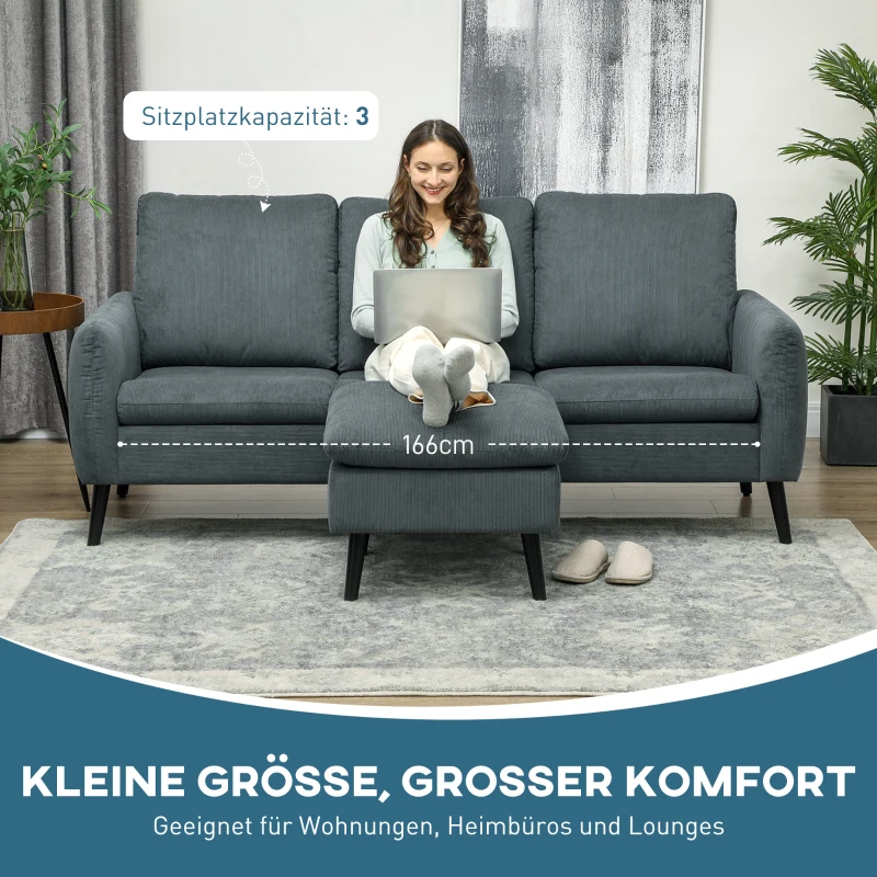 HOMCOM Hoekbank, 3-zitsbank met Voetenbank, Stoffen Bekleding, L-vormige Bankset, Donkergrijs