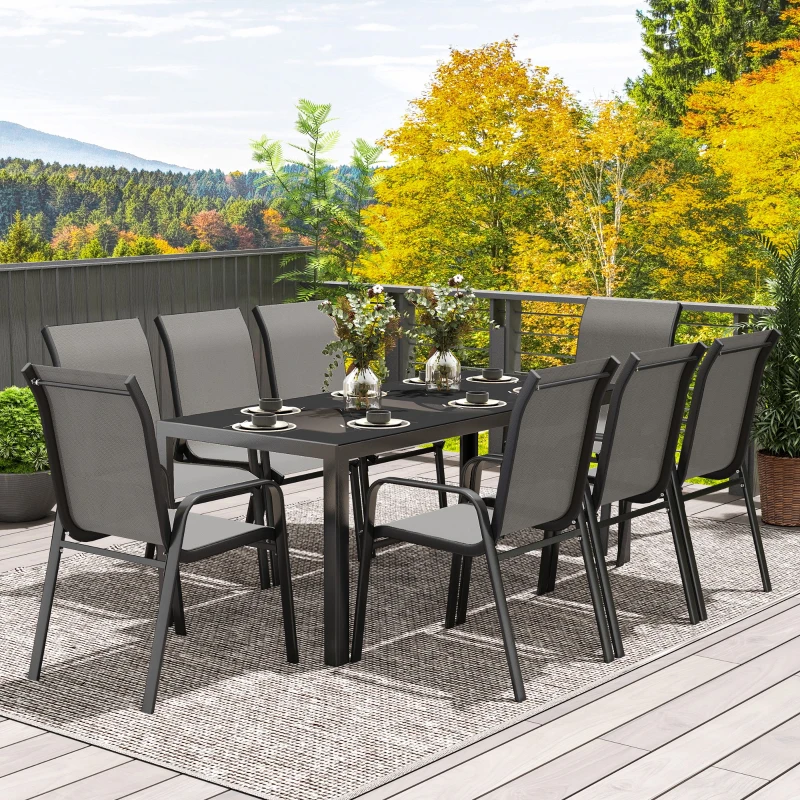 Outsunny Set da Giardino con Tavolo Rettangolare in Vetro e 8 Sedie Impilabili con Braccioli, Grigio Chiaro