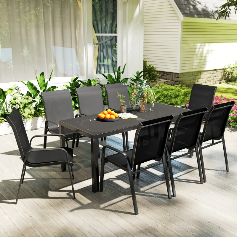 Outsunny 8 Seater Garden Dining Set with Stacking Chairs, Rectangular Tempered Glass Top, Garden Furniture Set, Outdoor Dining Table and Chairs for Patio, Balcony, Poolside, Black